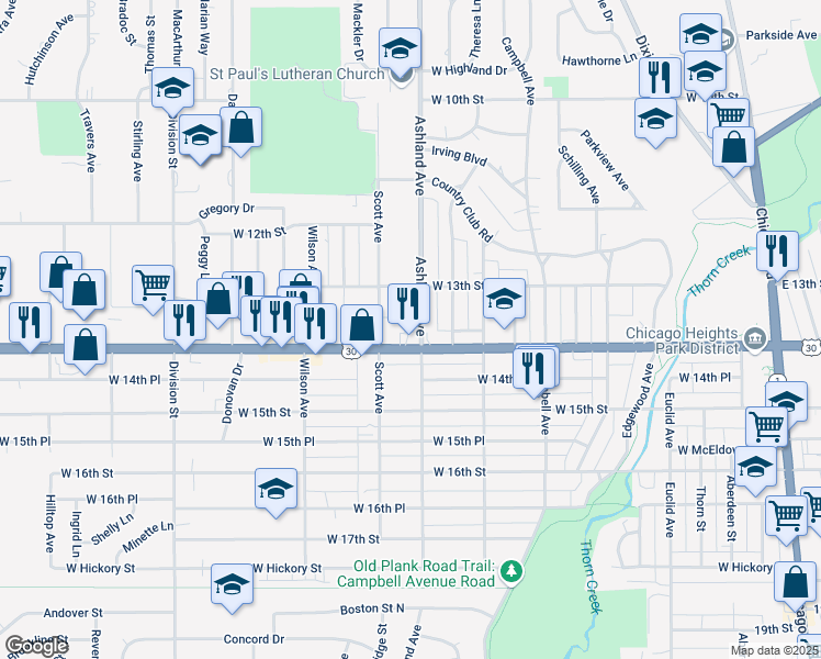 map of restaurants, bars, coffee shops, grocery stores, and more near 1330 Ashland Avenue in Chicago Heights