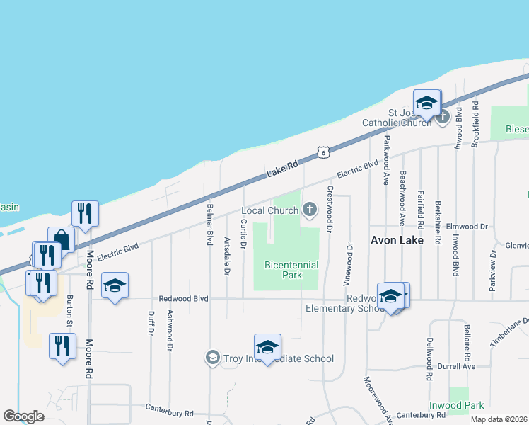 map of restaurants, bars, coffee shops, grocery stores, and more near 154 Centennial Drive in Avon Lake