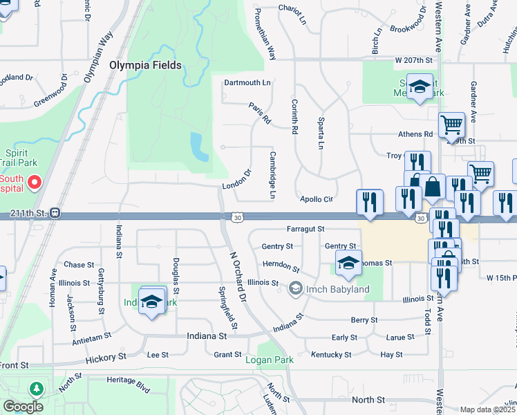 map of restaurants, bars, coffee shops, grocery stores, and more near 2828 Cambridge Ln in Olympia Fields