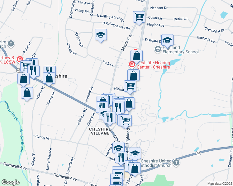 map of restaurants, bars, coffee shops, grocery stores, and more near 286 Maple Avenue in Cheshire