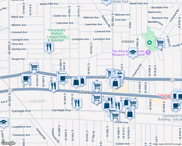 map of restaurants, bars, coffee shops, grocery stores, and more near 1911 East 73rd Street in Cleveland