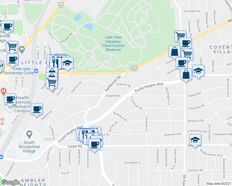 map of restaurants, bars, coffee shops, grocery stores, and more near 2541 Edgehill Road in Cleveland Heights