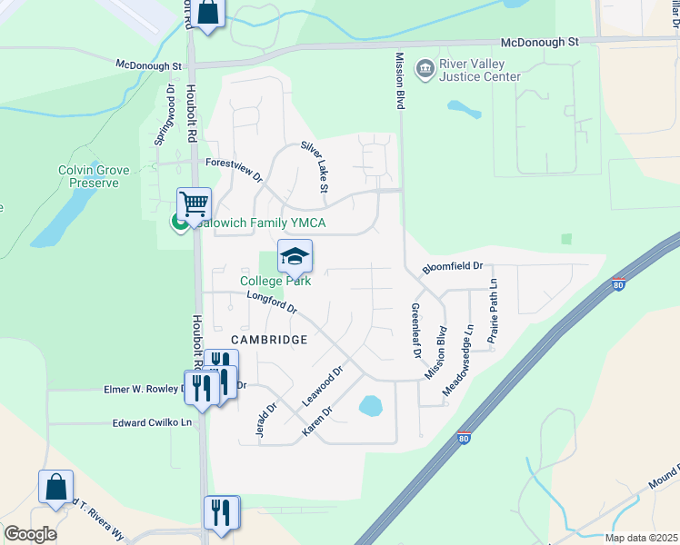 map of restaurants, bars, coffee shops, grocery stores, and more near 3366 Windsor Lane in Joliet
