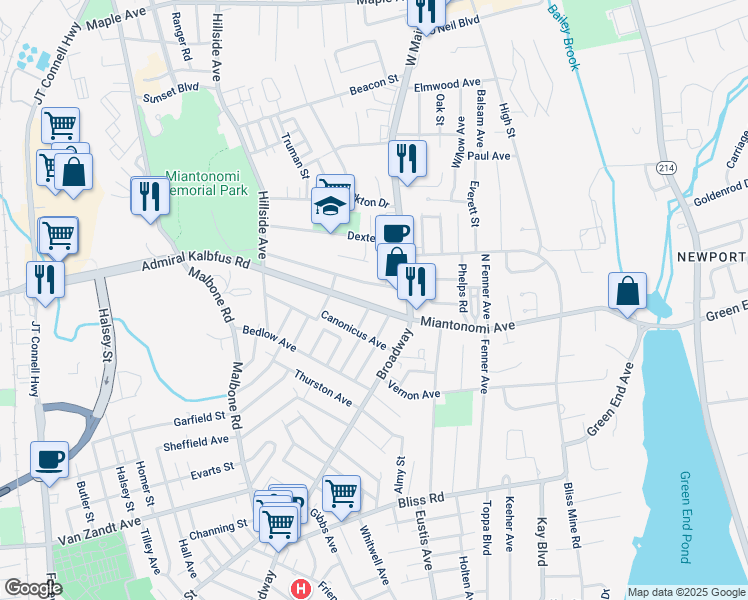 map of restaurants, bars, coffee shops, grocery stores, and more near 9 Admiral Kalbfus Road in Newport