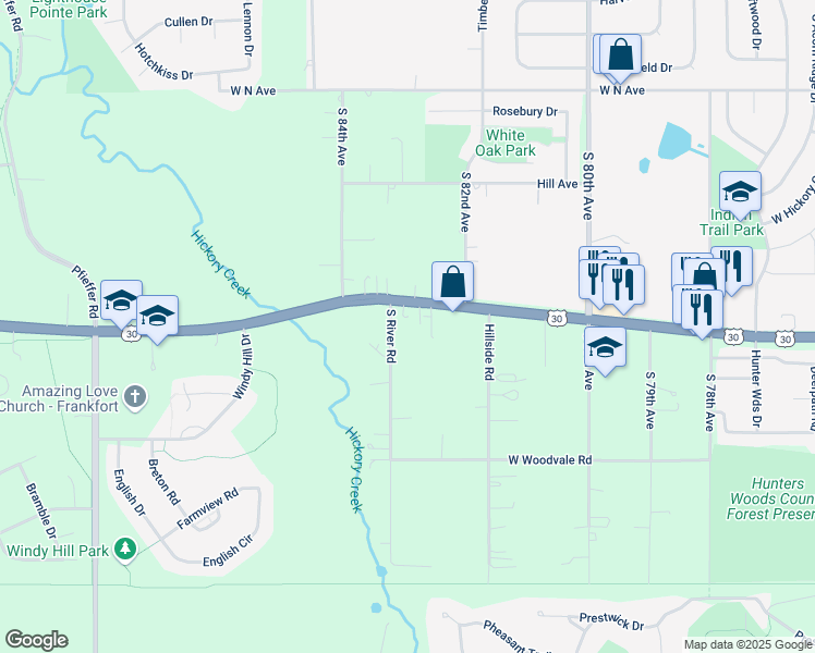 map of restaurants, bars, coffee shops, grocery stores, and more near 8263 West Lincoln Highway in Frankfort
