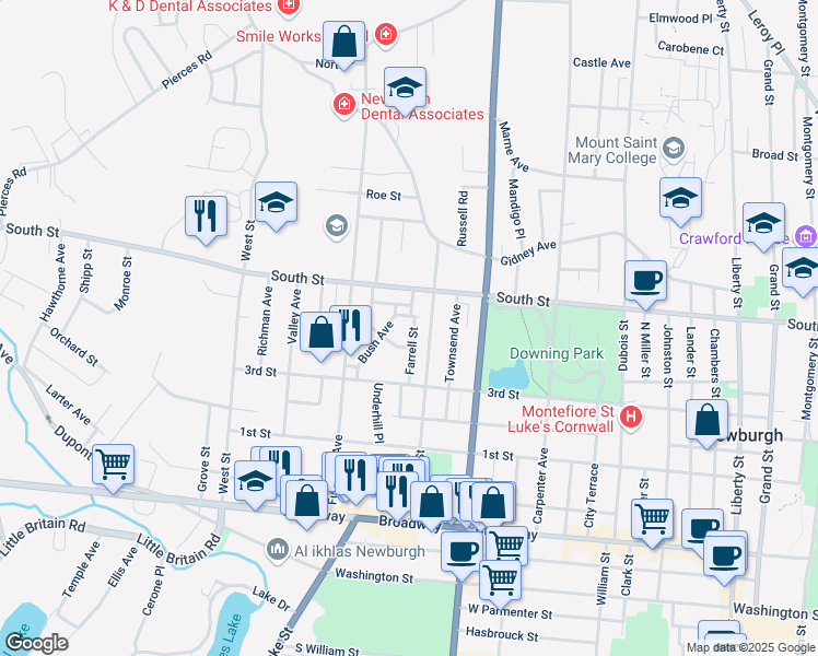 map of restaurants, bars, coffee shops, grocery stores, and more near 23 Farrell Street in Newburgh