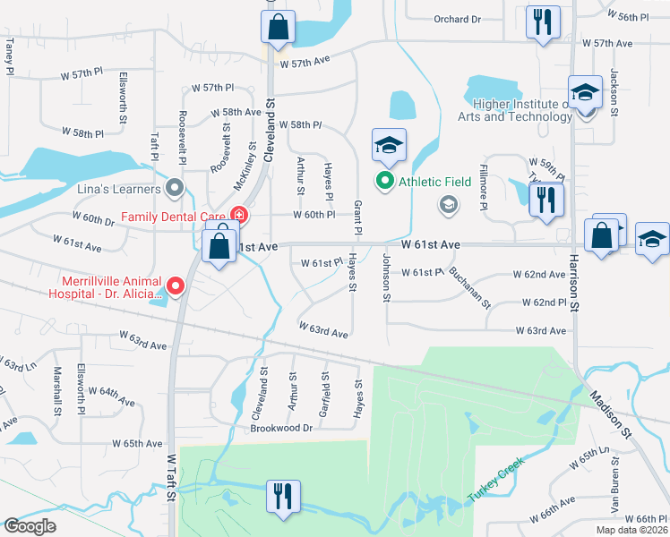 map of restaurants, bars, coffee shops, grocery stores, and more near 1685 West 61st Place in Merrillville