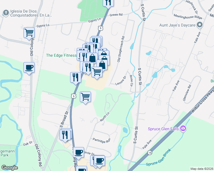 map of restaurants, bars, coffee shops, grocery stores, and more near 307 Old Stagecoach Road in Wallingford