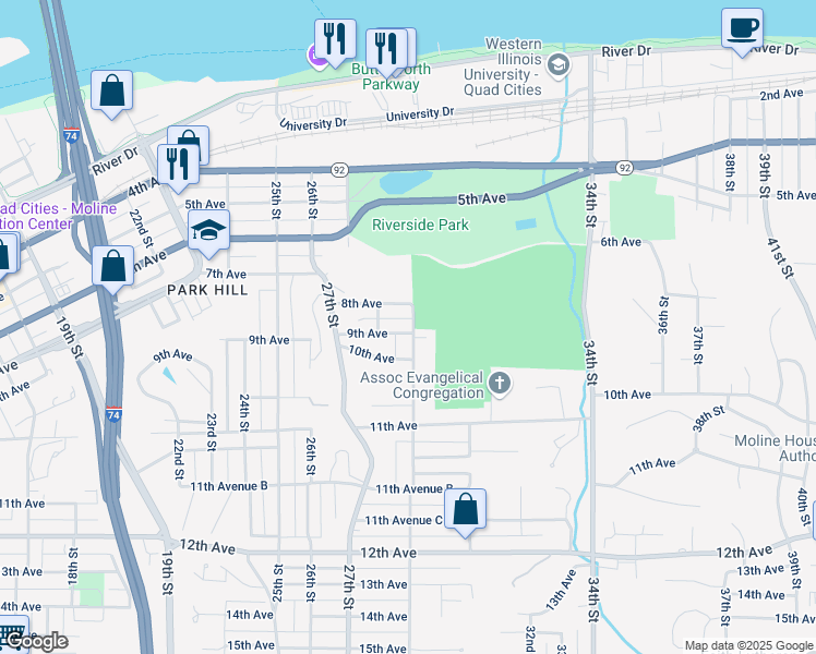 map of restaurants, bars, coffee shops, grocery stores, and more near 2829 9th Avenue in Moline