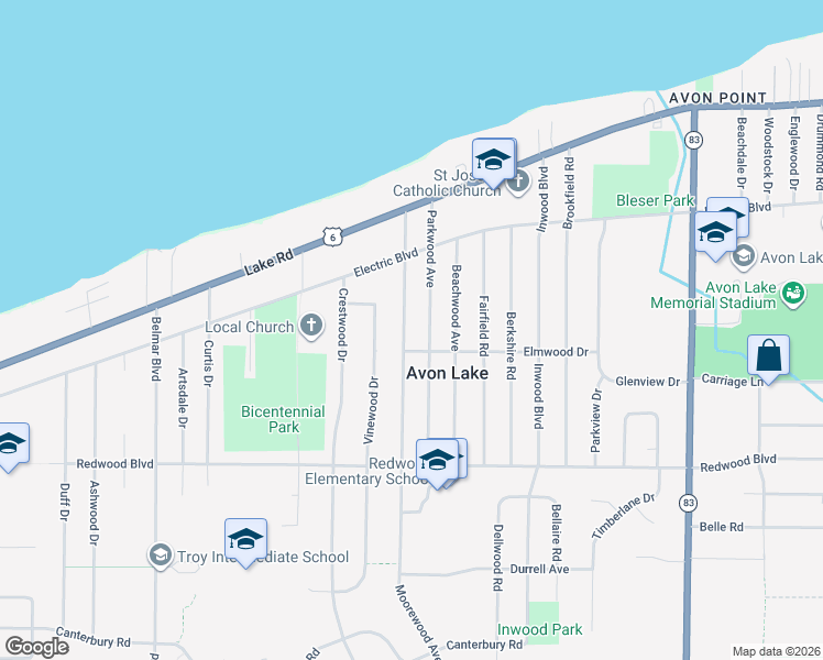 map of restaurants, bars, coffee shops, grocery stores, and more near 168 Parkwood Avenue in Avon Lake