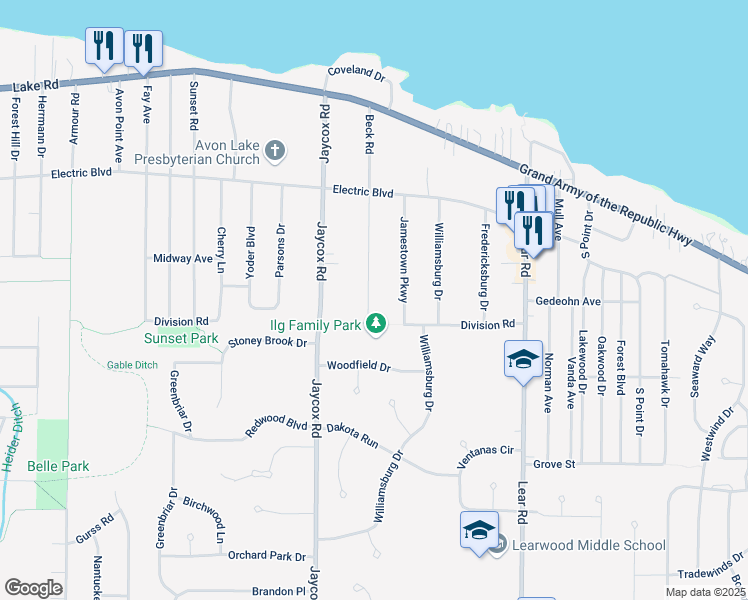 map of restaurants, bars, coffee shops, grocery stores, and more near 215 Beck Road in Avon Lake