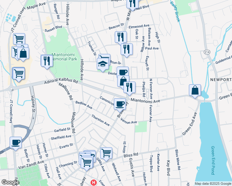 map of restaurants, bars, coffee shops, grocery stores, and more near 9 Admiral Kalbfus Road in Newport