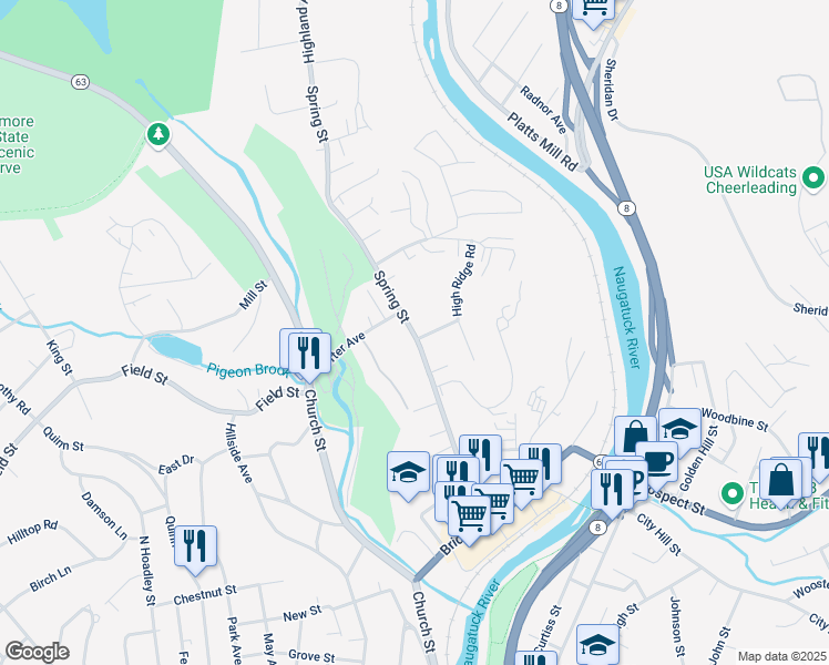 map of restaurants, bars, coffee shops, grocery stores, and more near 4 Springdale Avenue in Naugatuck