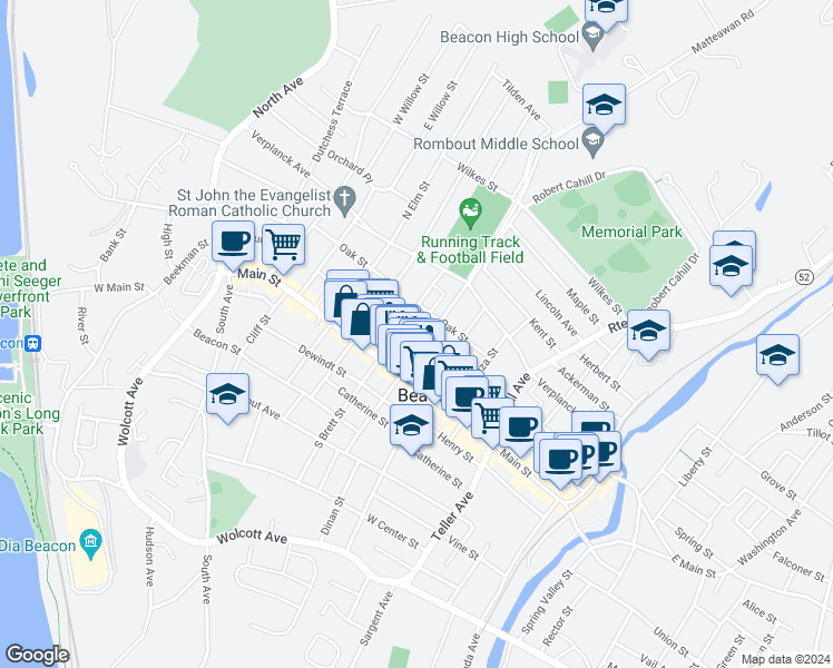 map of restaurants, bars, coffee shops, grocery stores, and more near 20 North Cedar Street in Beacon