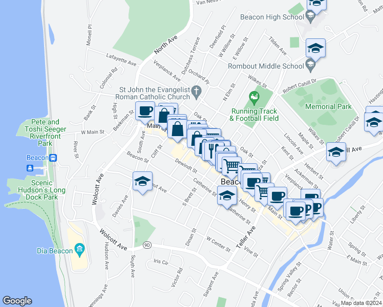 map of restaurants, bars, coffee shops, grocery stores, and more near 267B Main Street in Beacon