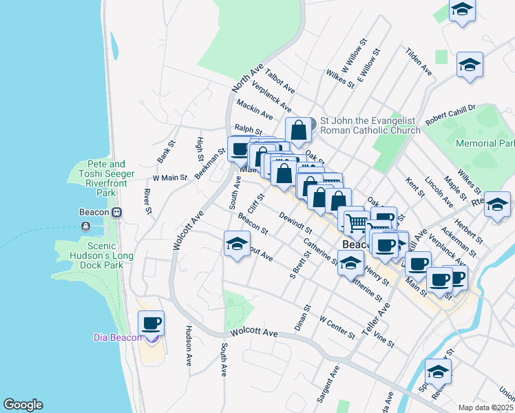 map of restaurants, bars, coffee shops, grocery stores, and more near 9 Dewindt Street in Beacon