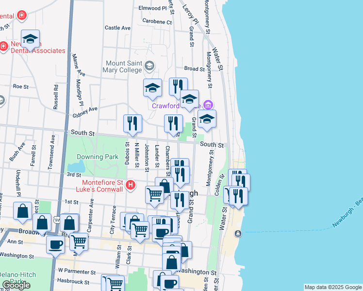 map of restaurants, bars, coffee shops, grocery stores, and more near 119 South Street in Newburgh