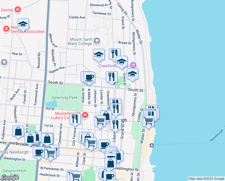 map of restaurants, bars, coffee shops, grocery stores, and more near 168 Chambers Street in Newburgh