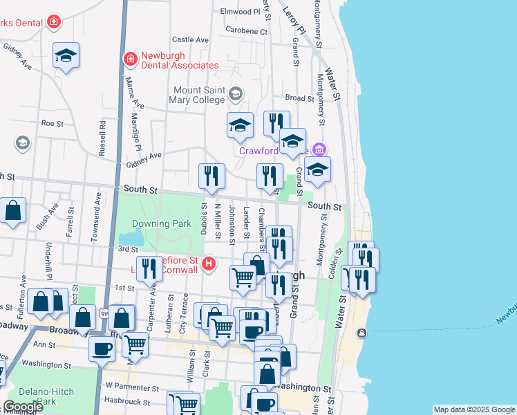 map of restaurants, bars, coffee shops, grocery stores, and more near 168 Chambers Street in Newburgh
