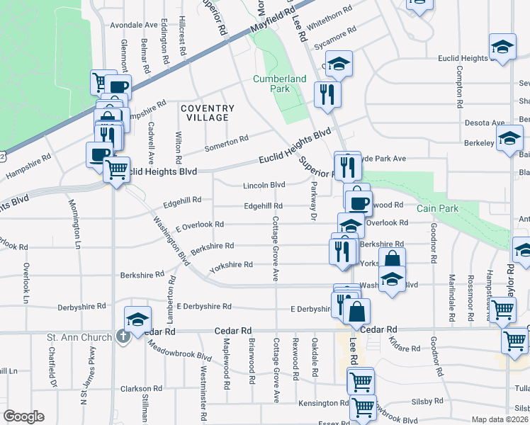 map of restaurants, bars, coffee shops, grocery stores, and more near 3030 Edgehill Road in Cleveland Heights