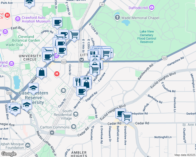 map of restaurants, bars, coffee shops, grocery stores, and more near 2080 Murray Hill Road in Cleveland
