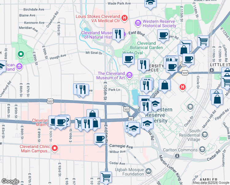 map of restaurants, bars, coffee shops, grocery stores, and more near 1890 East 107th Street in Cleveland