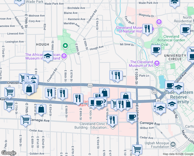 map of restaurants, bars, coffee shops, grocery stores, and more near 1877 East 90th Street in Cleveland
