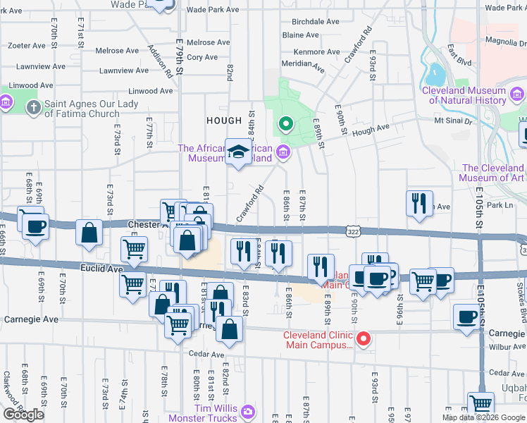 map of restaurants, bars, coffee shops, grocery stores, and more near 1889 East 84th Street in Cleveland