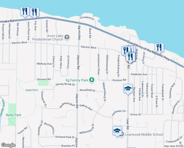 map of restaurants, bars, coffee shops, grocery stores, and more near 215 Beck Road in Avon Lake