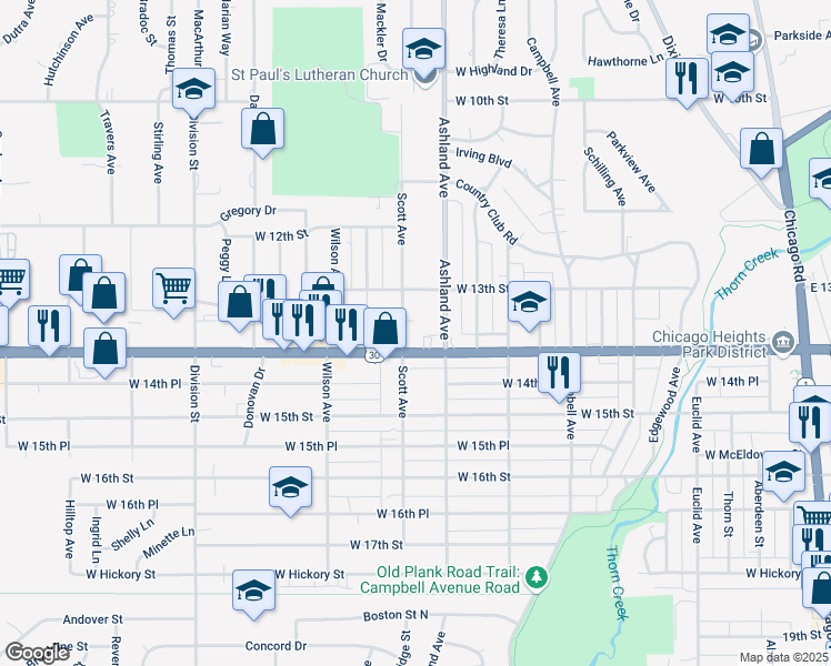 map of restaurants, bars, coffee shops, grocery stores, and more near 1330 Ashland Avenue in Chicago Heights