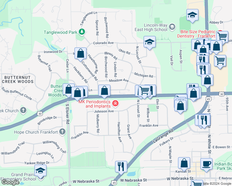 map of restaurants, bars, coffee shops, grocery stores, and more near 500 Lincoln Lane in Frankfort