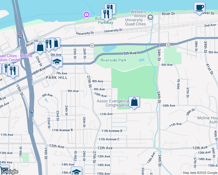 map of restaurants, bars, coffee shops, grocery stores, and more near 2829 9th Avenue in Moline