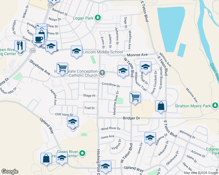 map of restaurants, bars, coffee shops, grocery stores, and more near 1020 Chugwater Drive in Green River