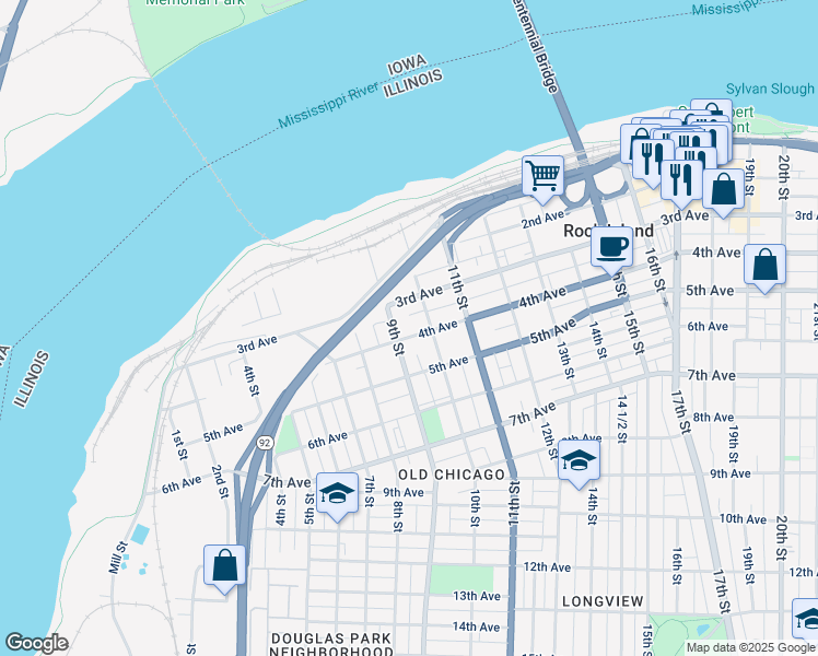 map of restaurants, bars, coffee shops, grocery stores, and more near 915 4th Avenue in Rock Island