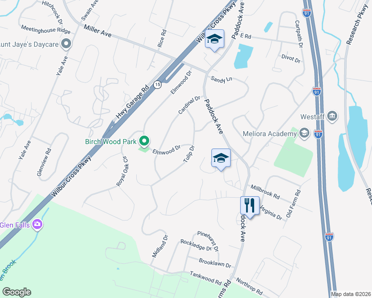 map of restaurants, bars, coffee shops, grocery stores, and more near 311 Elmwood Drive in Meriden