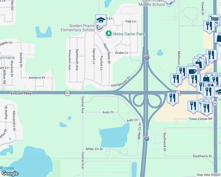 map of restaurants, bars, coffee shops, grocery stores, and more near 5415 Georgetown Drive in Matteson