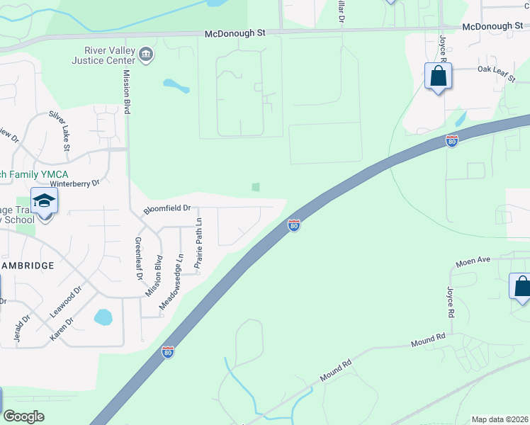 map of restaurants, bars, coffee shops, grocery stores, and more near 2804 Bloomfield Drive in Joliet