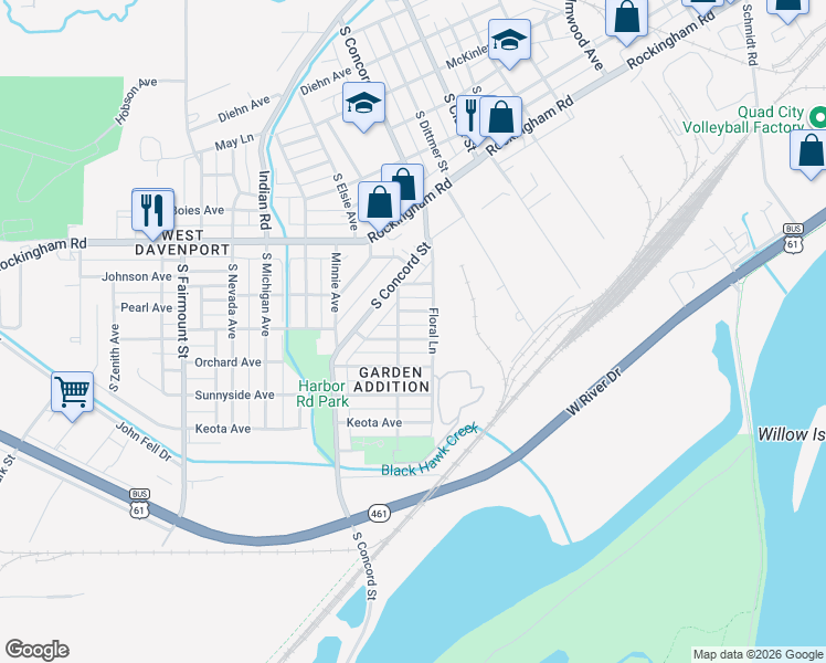 map of restaurants, bars, coffee shops, grocery stores, and more near 3110 Homestead Avenue in Davenport