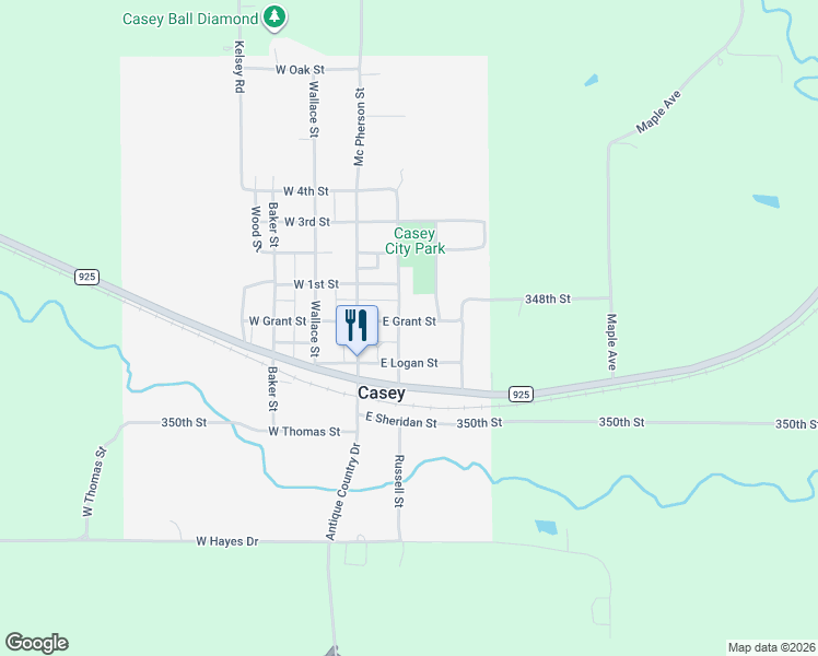 map of restaurants, bars, coffee shops, grocery stores, and more near 207 East Grant Street in Casey