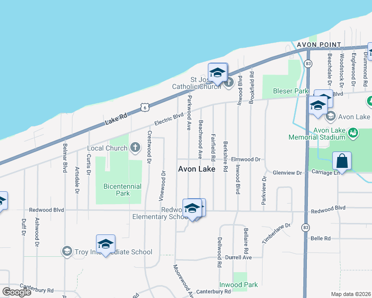 map of restaurants, bars, coffee shops, grocery stores, and more near 168 Parkwood Avenue in Avon Lake