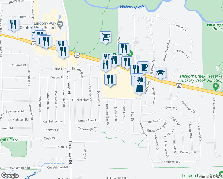 map of restaurants, bars, coffee shops, grocery stores, and more near 2370 East Lincoln Highway in New Lenox