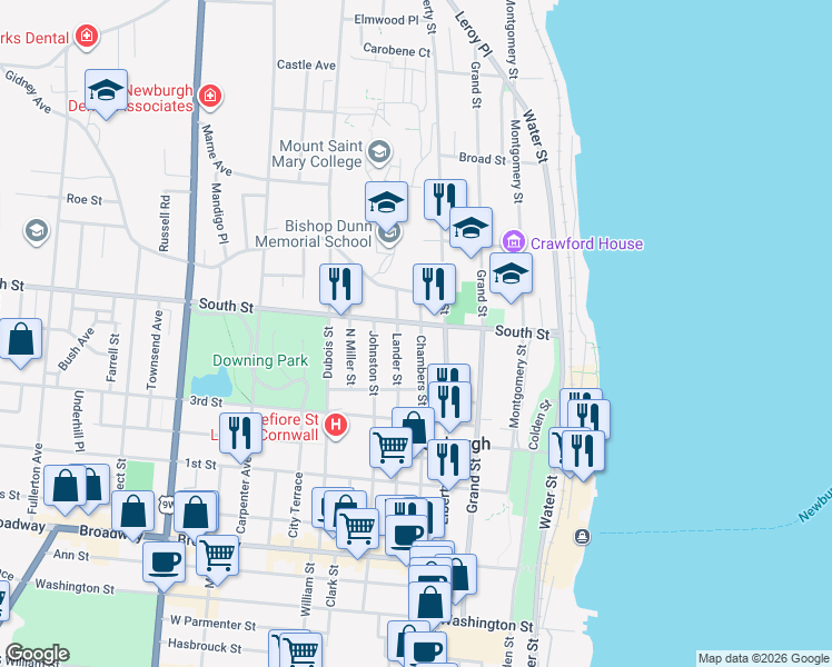 map of restaurants, bars, coffee shops, grocery stores, and more near 168 Chambers Street in Newburgh