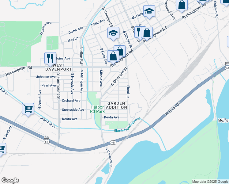 map of restaurants, bars, coffee shops, grocery stores, and more near 3216 Homestead Avenue in Davenport