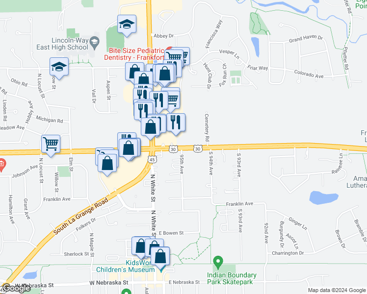 map of restaurants, bars, coffee shops, grocery stores, and more near 633 East Lincoln Highway in Frankfort