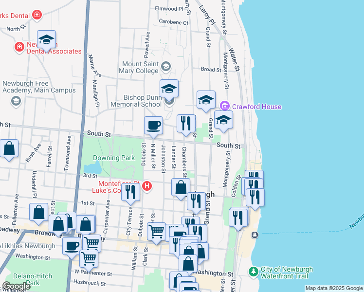 map of restaurants, bars, coffee shops, grocery stores, and more near 171 Chambers Street in Newburgh
