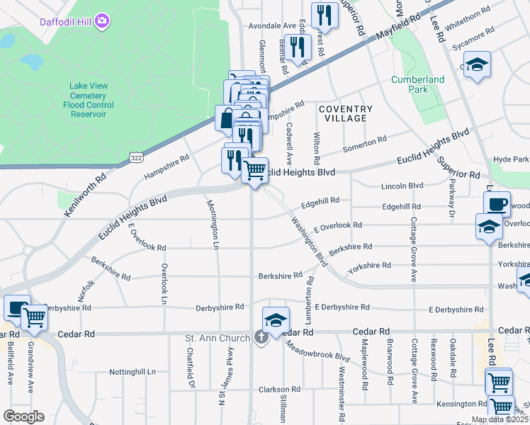 map of restaurants, bars, coffee shops, grocery stores, and more near 2821 Edgehill Road in Cleveland Heights