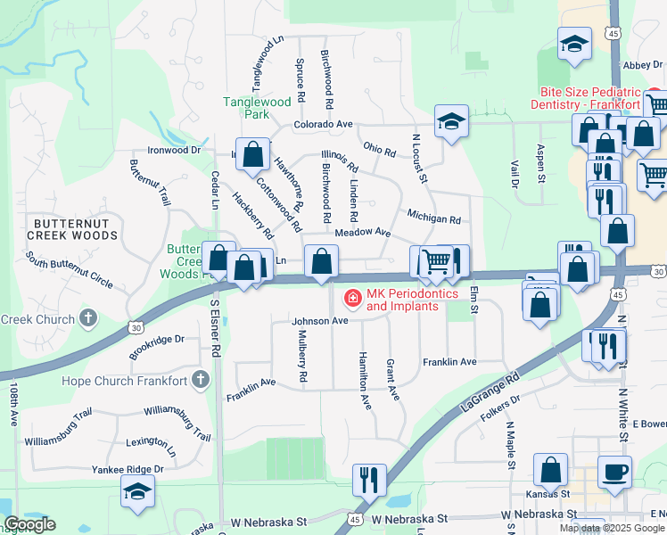 map of restaurants, bars, coffee shops, grocery stores, and more near 516 Lincoln Lane in Frankfort