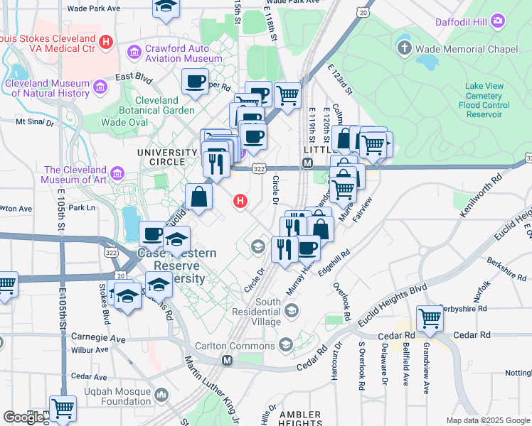 map of restaurants, bars, coffee shops, grocery stores, and more near 11615 Cornell Circle in Cleveland