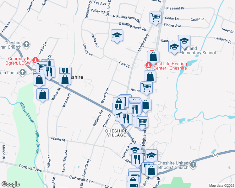 map of restaurants, bars, coffee shops, grocery stores, and more near 40 George Avenue in Cheshire
