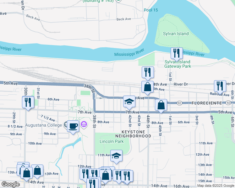 map of restaurants, bars, coffee shops, grocery stores, and more near 4015 6th Avenue in Rock Island